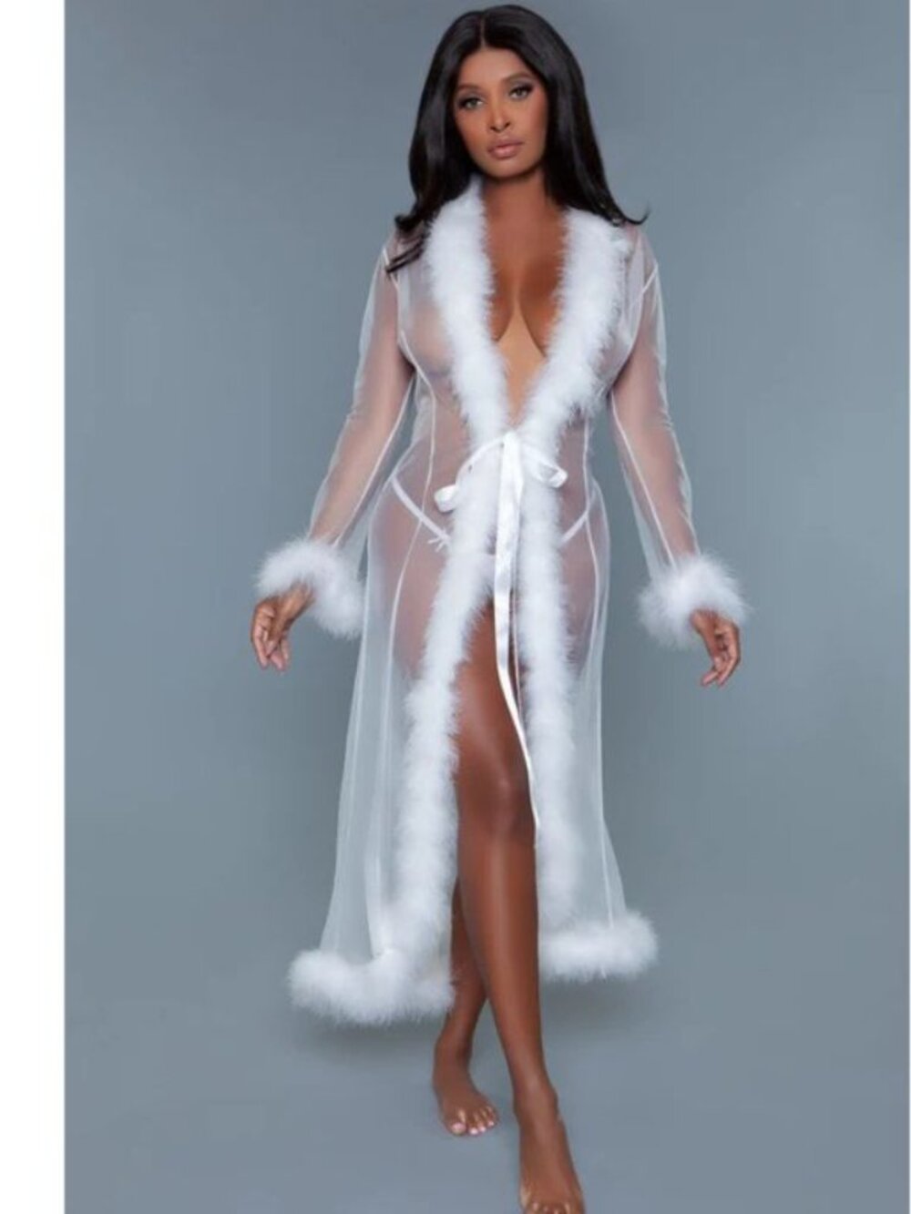 Be Wicked BW1650 White Sheer Robe with Feather Trim